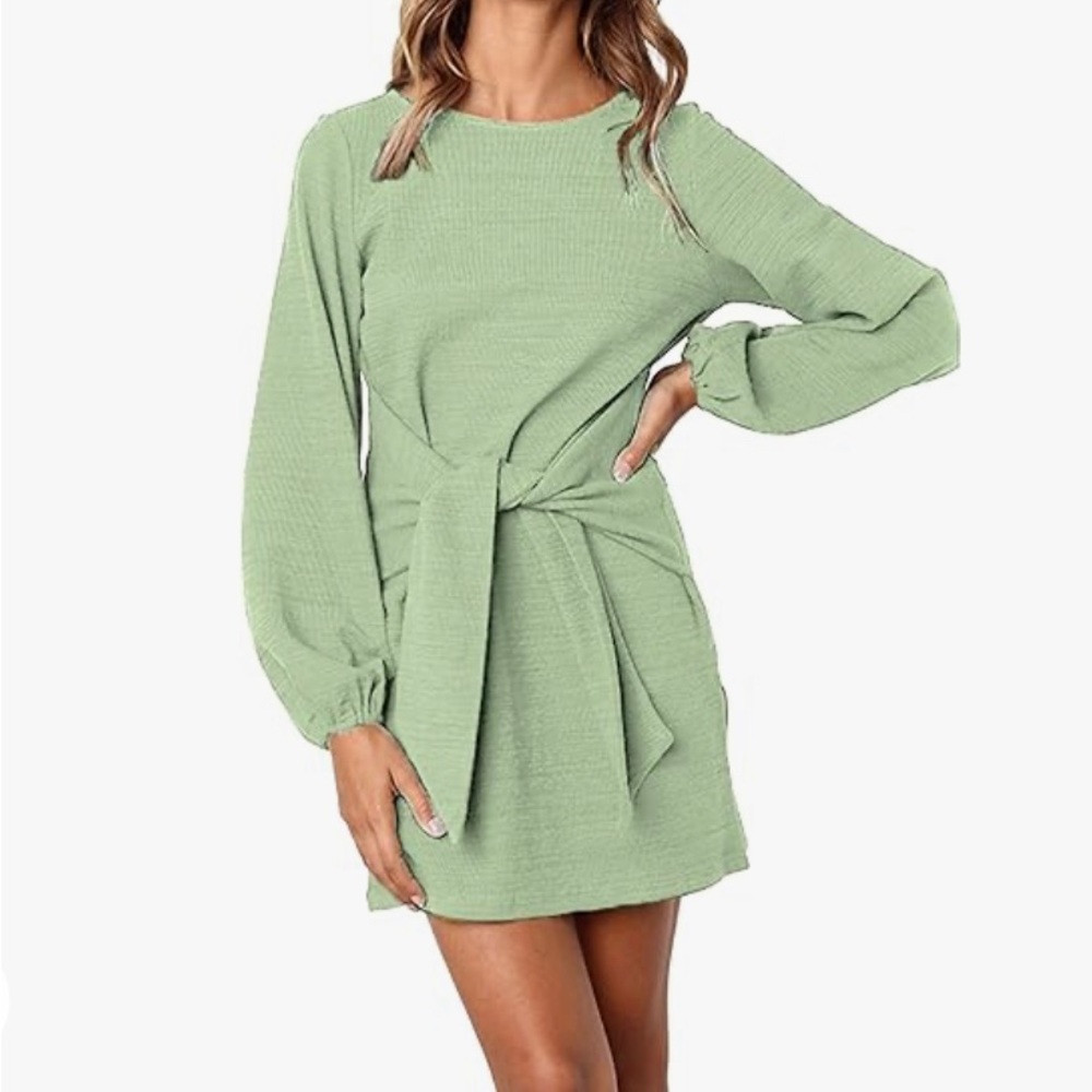 Long Lantern Sleeve Short Dress Crewneck Tie Waist Knit Cocktail Dress